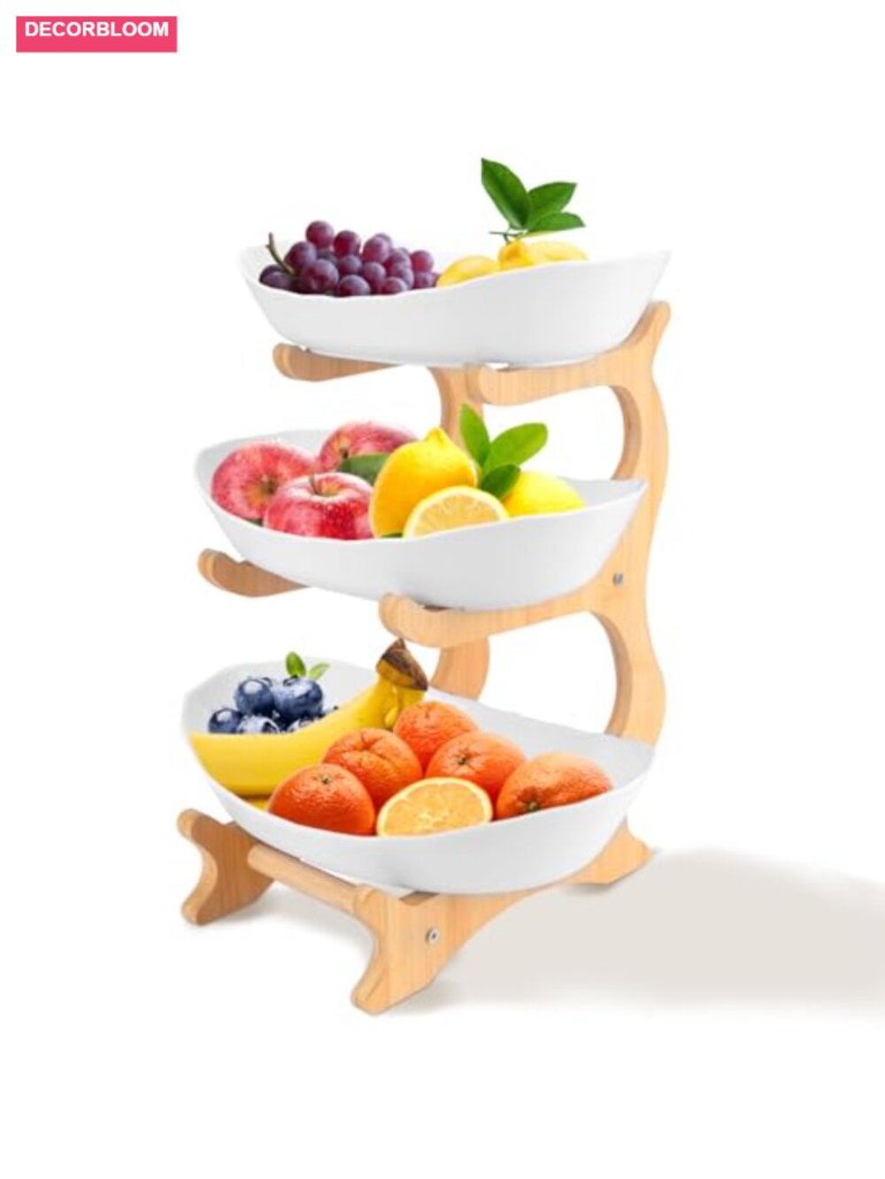 3-Tier Fruit Basket Stand with Bamboo and Plastic Bowls, Kitchen Counter - Picture 1 of 6